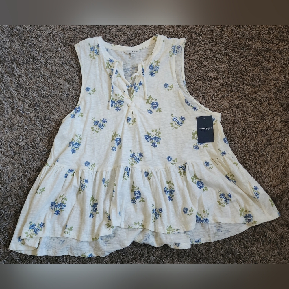 NWT Lucky Brand White & Blue Floral Relaxed Cotton Lace Sleeveless Top Women's M